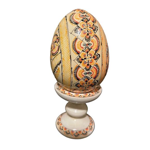 Set Of 4 Wooden Pysanky Collector Egg Colorful Geometric Design With Each Stand - Picture 2 of 15